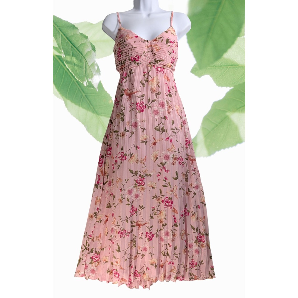 By The River Pink Sz‎ L Floral Print Pleated Maxi Dress Smocked Bodice